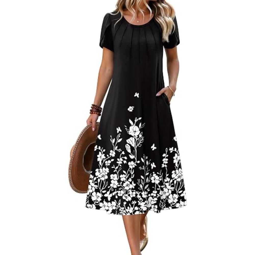 Women's Black Floral Blend Crew-Neck A Line Short Sleeve Flowy Boho Sundress